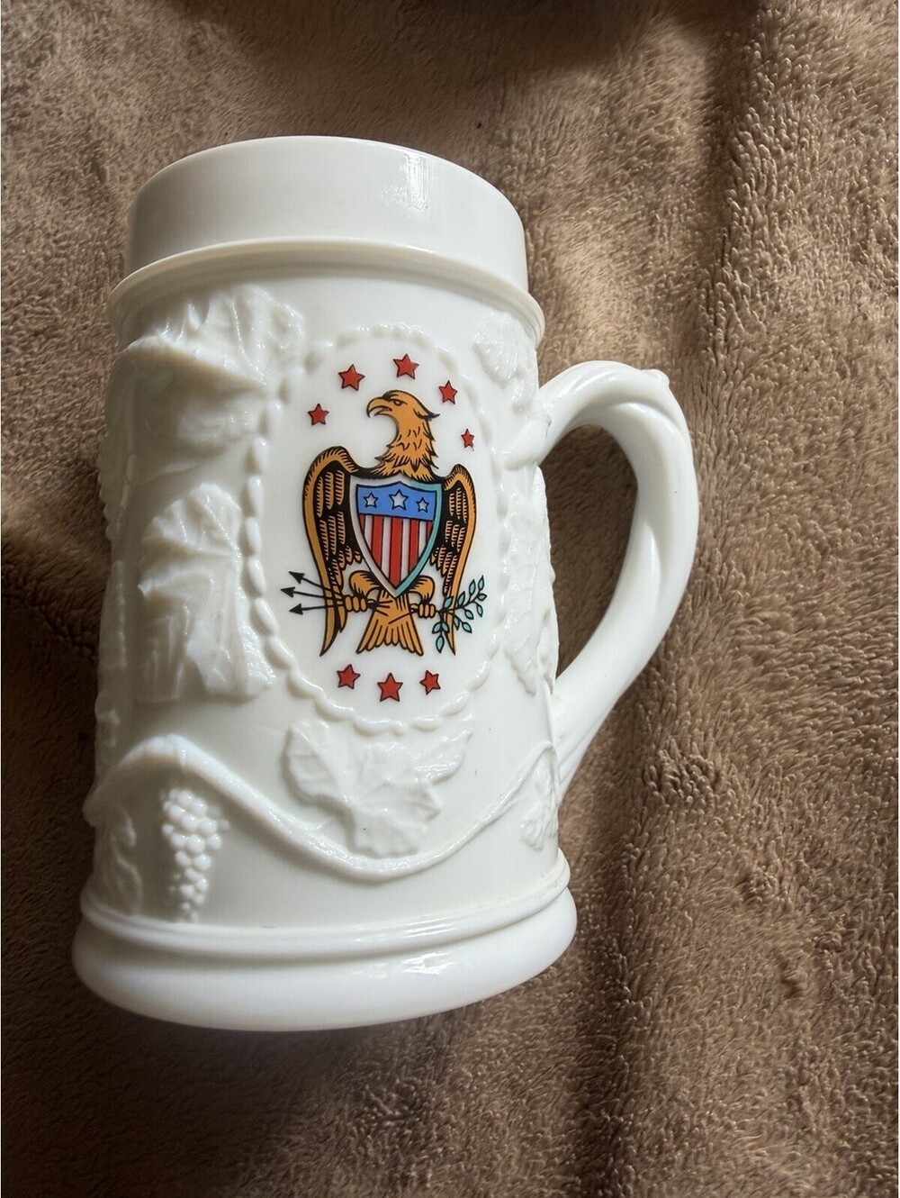 Heavy Milk Glass Mugs w/ American Eagle & Shield/ Arrows 5" tall
